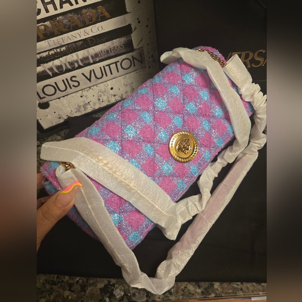 Versace Tweed Pink And Blue Two Way Bag NWT - Picture 11 of 13